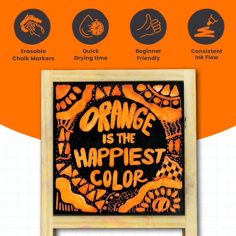 Chalkola 5 Orange Chalkboard Chalk Markers - Orange Dry Erase Markers for Blackboard, Chalkboard Signs, Windows, Glass | Variety Pack - Fine & Jumbo Size Ink Pen (1mm, 3mm, 6mm, 10mm, 15mm) - Image 4